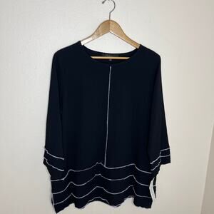 Calessa Black Long Sleeve White Piping Tunic Top Large